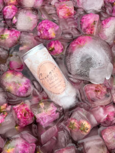 Glamping Launch Party Canned Sangria -085 flower ice cubes